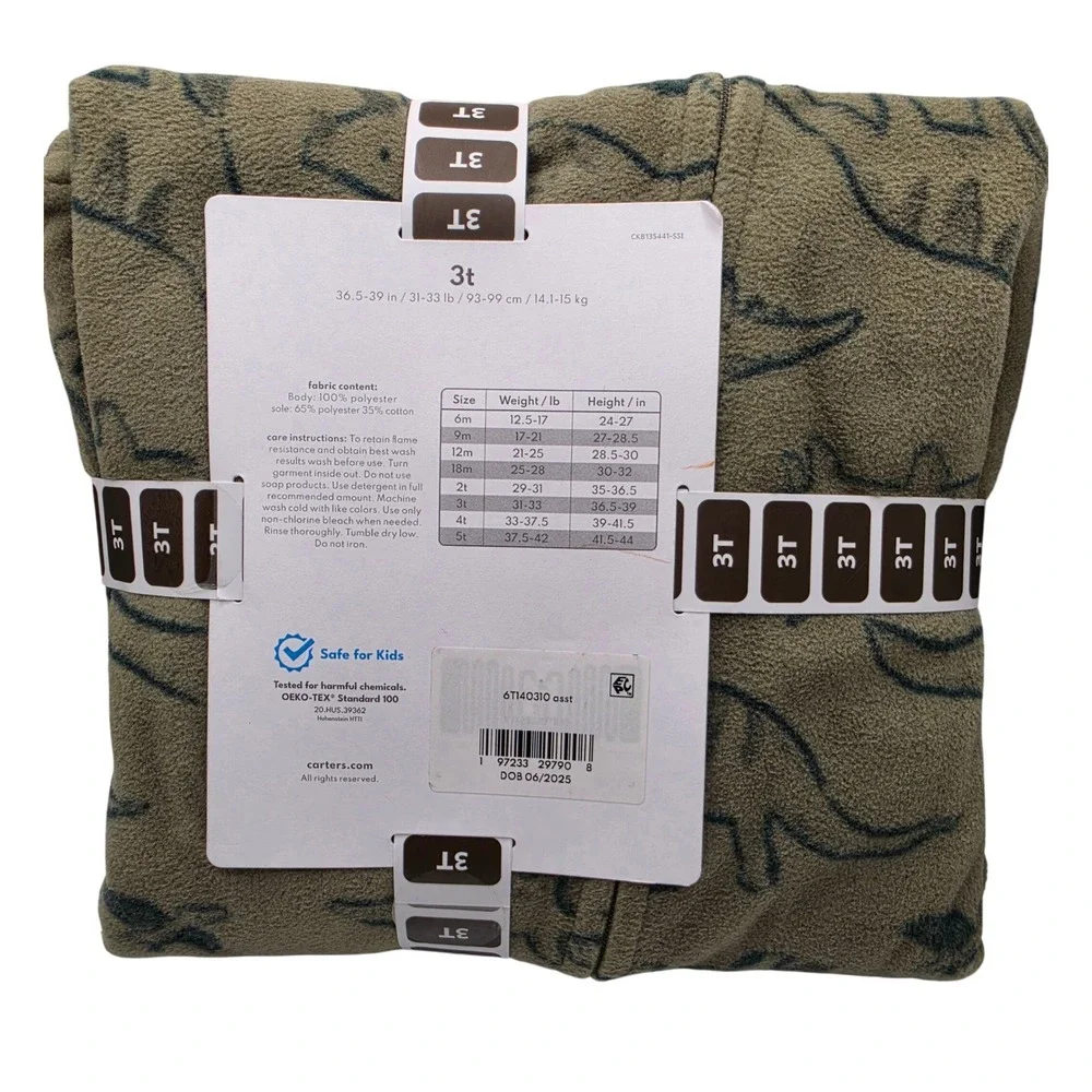 Carters Toddler Boys Fleece Footie Pajama Olive Green Dinosaur Print 3T